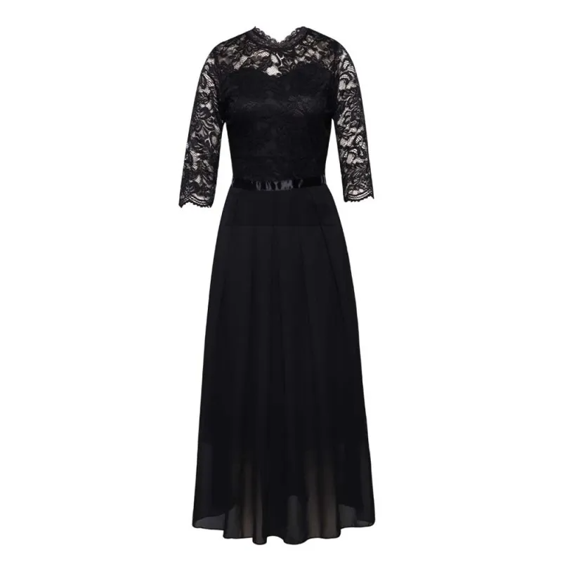 Women Stitching Chiffon Evening Dress Round Neck Long Sleeve Maxi Dress