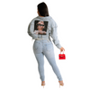 Fashion Women Casual Street Style Letter Print Long Sleeve Cropped Denim Jacket