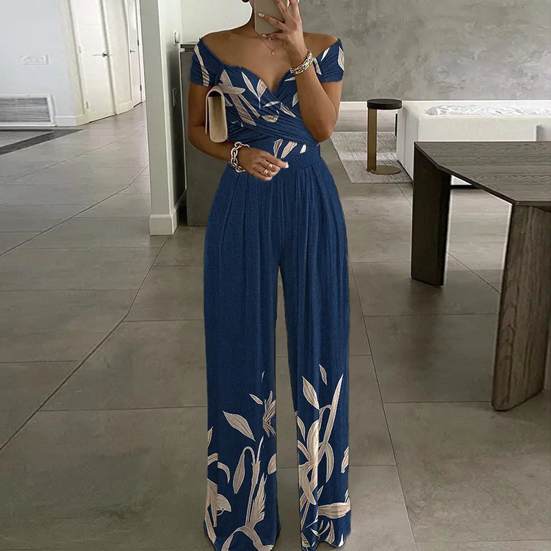 Women Elegant Off-Shoulder Floral Print Casual High Waist Wed Leg Jumpsuits