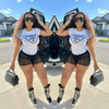 Women Fashion Basic Letter Print Short-Sleeved T-Shirt Mesh See-Through Shorts Two-Piece Set