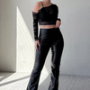 Fashion Women Sexy Solid Color Slanted Collar Pullover Mesh Long-Sleeved Crop Top