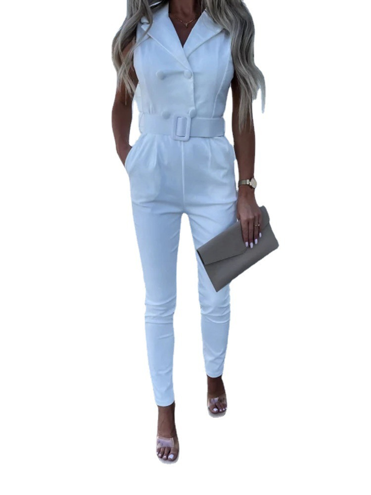 Women Solid Lapel Button Waist Sleeveless Jumpsuit