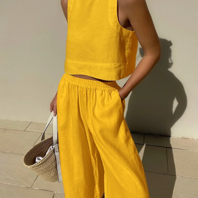 Women Summer Vacation Casual Loose Solid Color Sleeveless Top Wide Leg Pants Two Piece Set