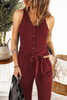 Women Sleeveless Solid Color V-Neck Waist Tie Casual Skinny Jumpsuit