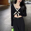 Women Fashion Summer Off-Shoulder Color Blocking Knitted Cropped Sweater