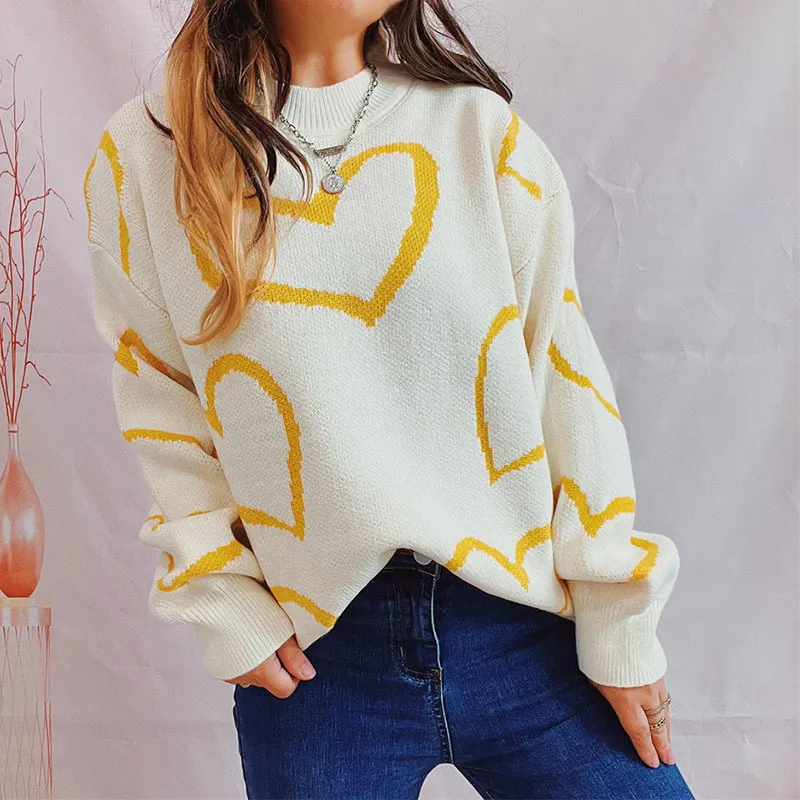 Winter Fashion Romantice Valentine Round Neck Heart Color Contrast Loose Jacquard Pullover Knitted Sweater