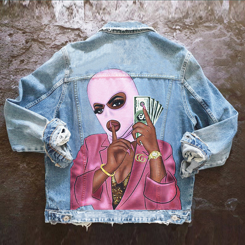 Women Casual Long Sleeves Graphic Printed Single-Breasted Denim Jacket