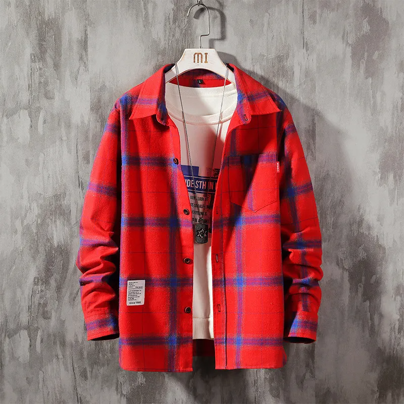 Men Casual Classic Plaid Lapel Button Loose Long Sleeve Shirt