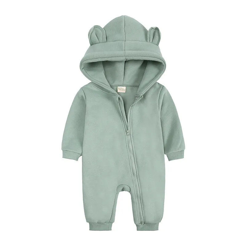 Kids Baby Boys Girls Autumn Winter Casual Cute Solid Color Bear Long Sleeve Hooded Jumpsuit