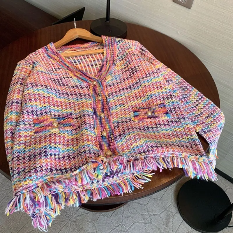 Women Fashion Rainbow Knit Tassel Sweater Collar Knit Loose Top