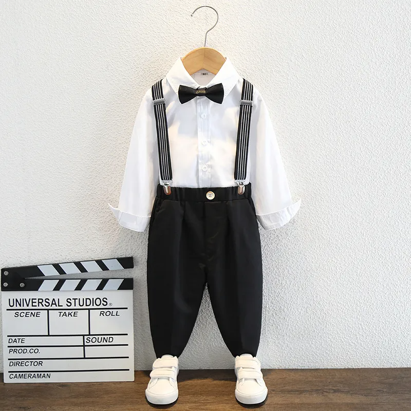 Kids Toddler Big Boys Spring Autumn Fashion Casual British Style Bow Shirt Suspender Trousers Party Clothing Set