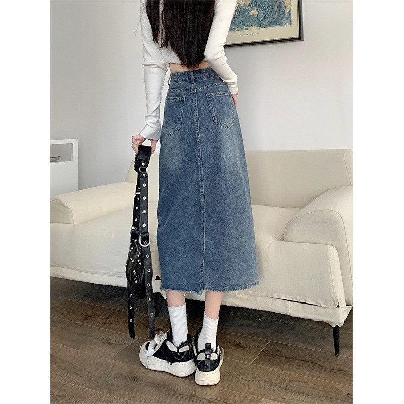 Women Fashion High Waist Slit Denim Skirt