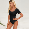 Summer Sexy Short Sleeve Tight Solid Color Backless Knitted Jacquard Women Square Neck Basic Bodysuit