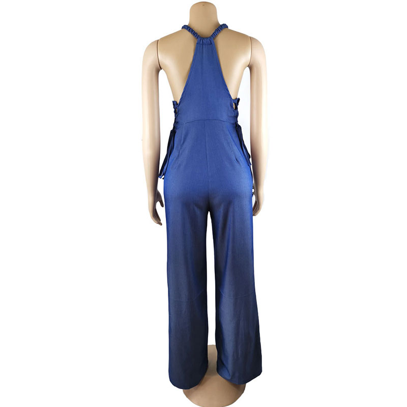 Women Sexy V-Neck Bandage Sling Loose Denim Jumpsuits