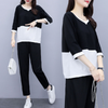 Women Fashion Loose Plus Size Color Blocking Top And Pants Two-Piece Casual Set