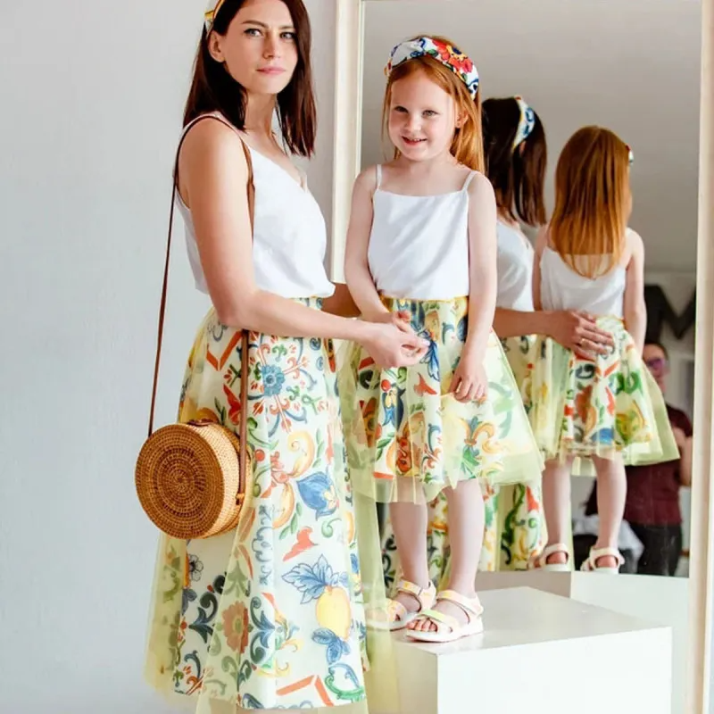 Summer Vacation Family Mother-Daughter Floral Printed Mesh Sleeveless Sling Dress