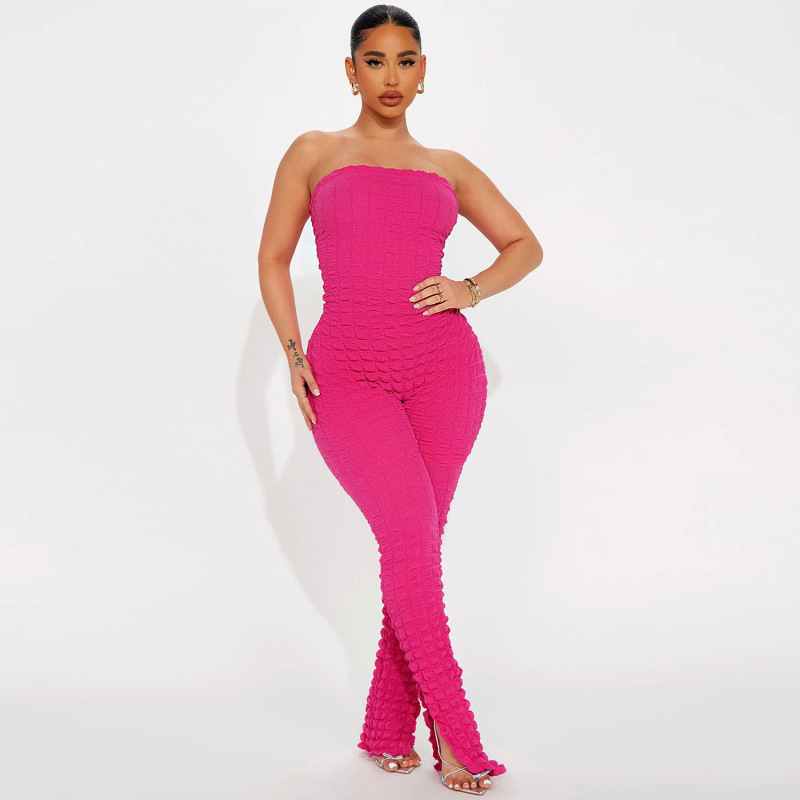 Women Fashion Slim Fit Solid Color Strapless Bubble Clothing Jumpsuit