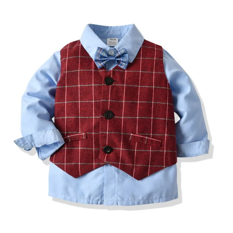 4 Pcs Set Boy Red Plaid Print Vest And Blue Shirt And Pant With Bowtie