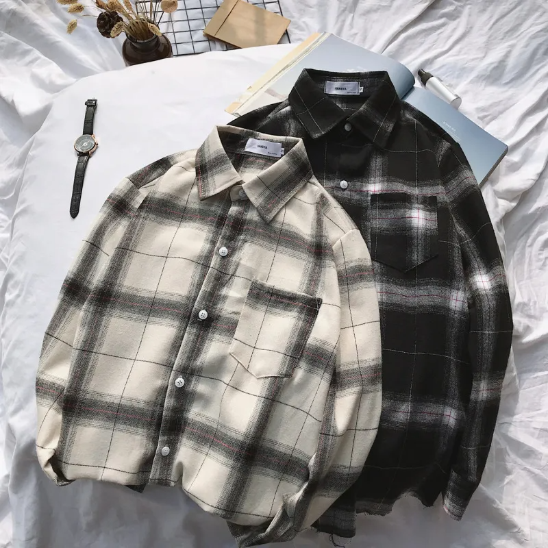 Men Fashion Black White Plaid Long Sleeve Loose Shirt