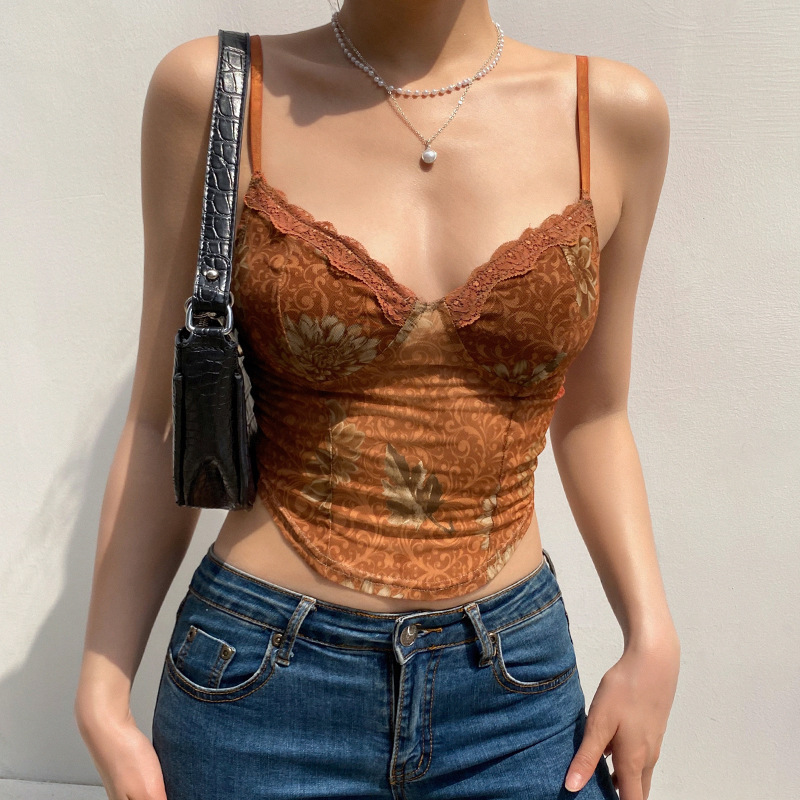 Women Edgy Summer Fashion Mesh Gauze Leaf Printing Slim Camisole