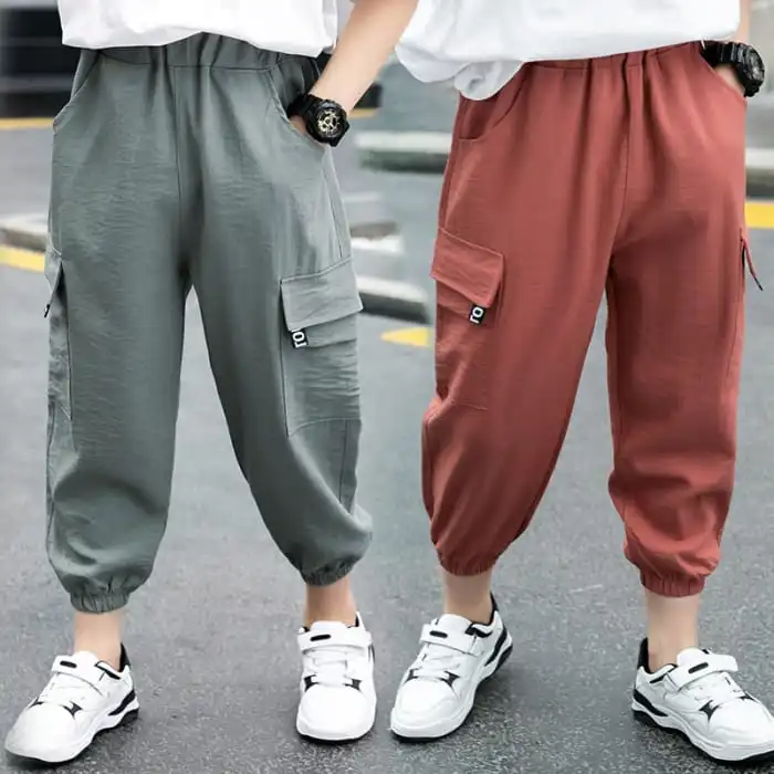 Kids Pure Color Big Pocket Style Cargo Pants