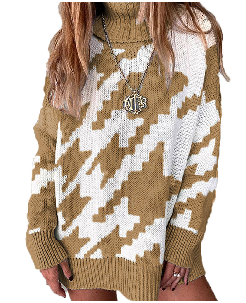 Women Fashion Autumn And Winter Splicing Contrast Color Lapel Mid-Length Knitted Sweater