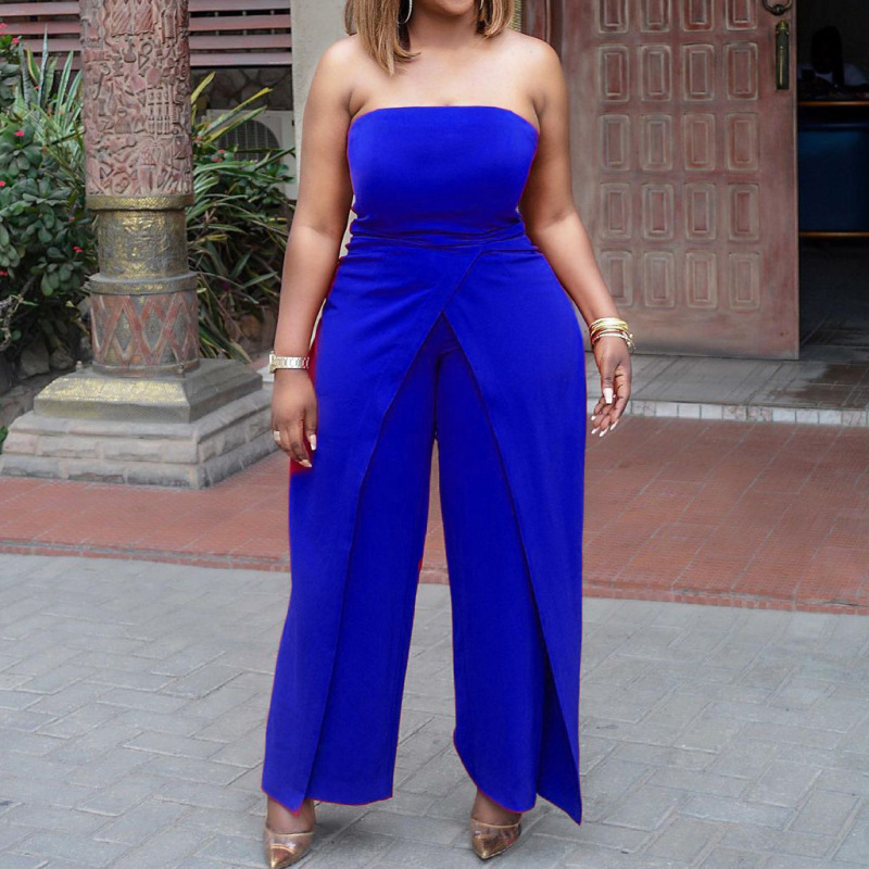 Women Solid Color Tube Top Slit Fashion Casual Wide Leg Jumpsuit