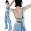 Fashion Edgy Women Solid Color Slim Fit Sexy Backless Bandage Denim Tank Top