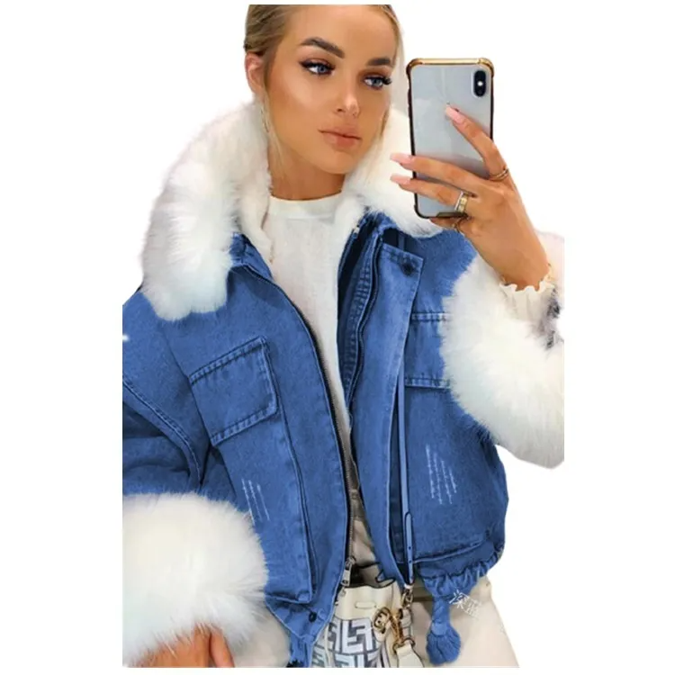 Autumn And Winter Women Fashion Long Sleeve Plush Denim Coat