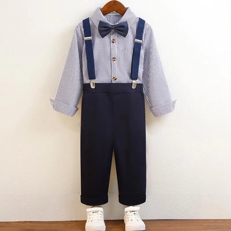 Kids Toddler Big Boys Spring Summer Autumn Fashion Casual British Style Bow Stripe Waistcoat Shirt Suspender Trousers Boys Party Clothing Set