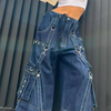 Women'S Fashion Punk Cool Pocket Stitching Ribbon Loose Jeans