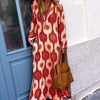 Ramadan /Eid Women Casual Boho Style Geometry Print Long Sleeve V Neck Loose Maxi Dress