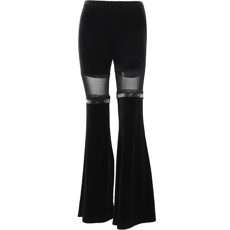 Women Gothic Mesh-Paneled High-Waisted Flared Pants