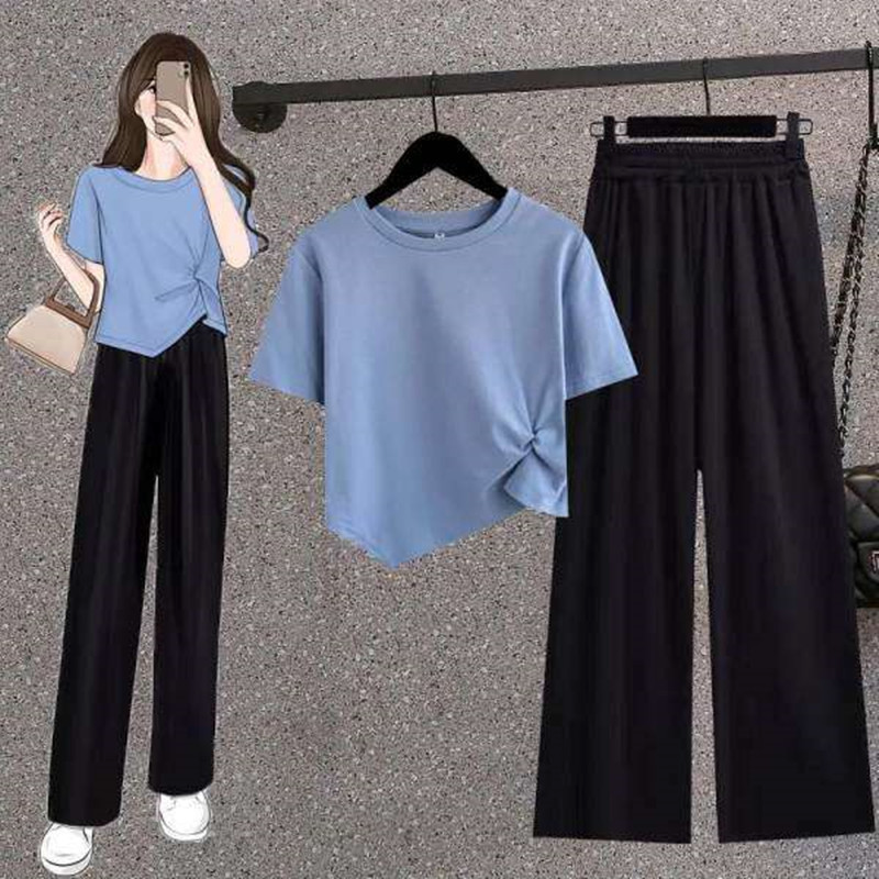 Women Fashion Casual Irregular Hemline Short Sleeve T-Shirt And Loose Pants Set