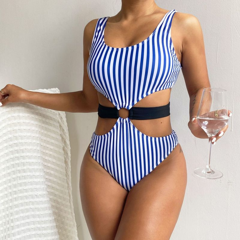 Fashion Vertical Stripe Print Sexy Women One-Piece Swimsuit