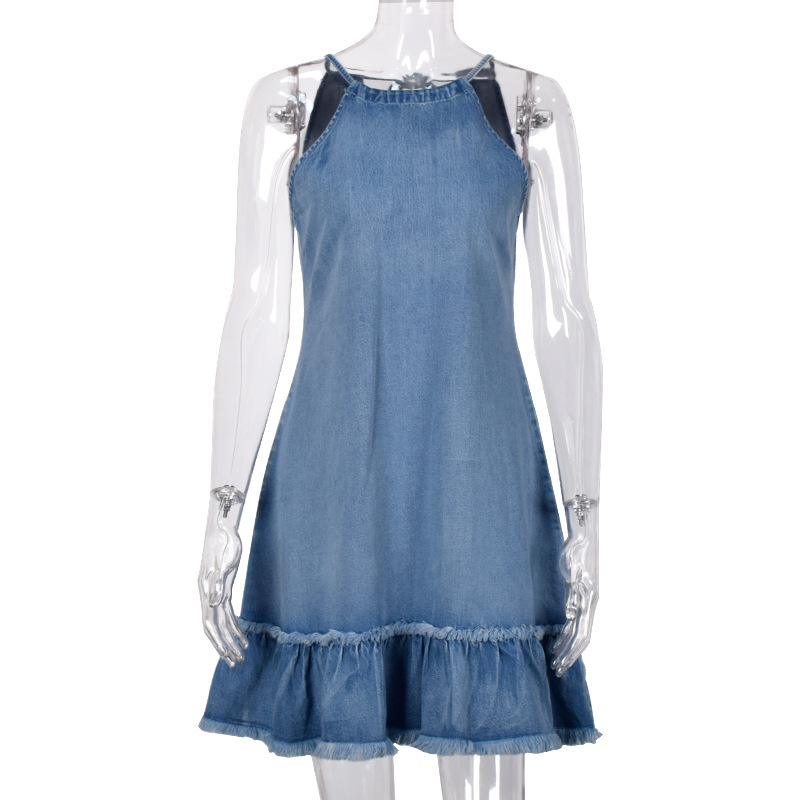 Summer Women Elegant Sweet Sleeveless Denim Halter Neck Dress