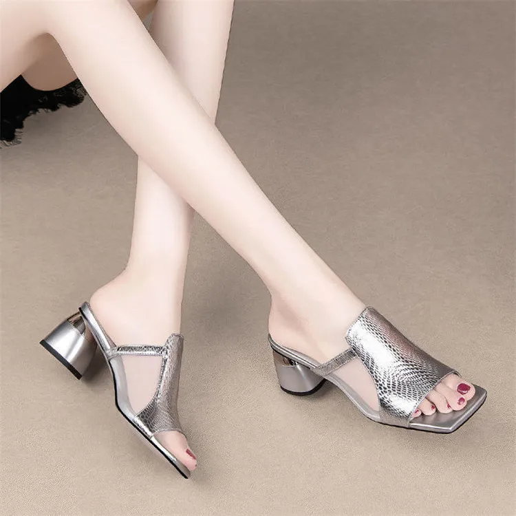 Women Fashion Sexy Square Toe Chunky Heel Slippers