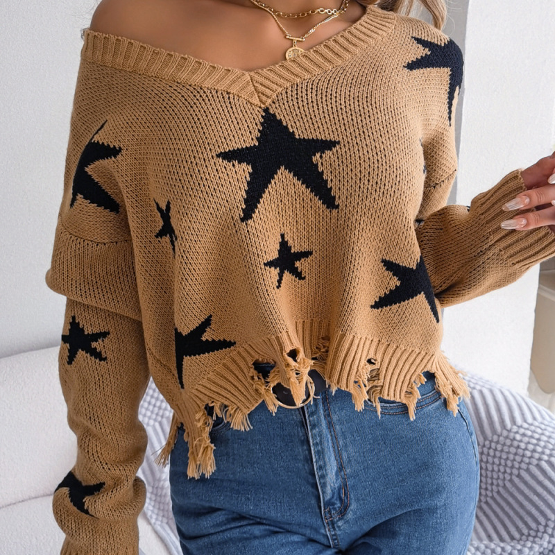 Women Fashion Casual V-Neck Star Hole Long Sleeve Knitted Sweater