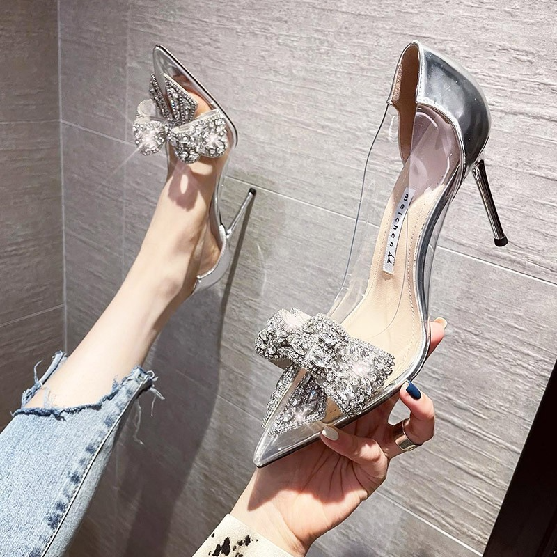 Women Fashion Sexy Transparent Rhinestone Pointed Toe Stiletto Pumps