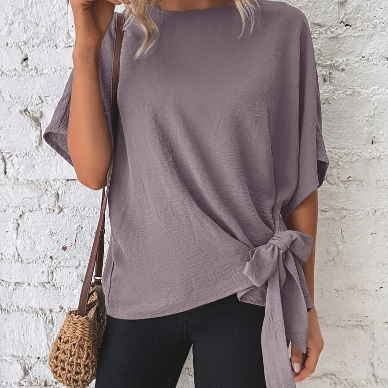 Casual Women Summer Solid Color Dolman Sleeve Hem Knotted Loose Top Blouse