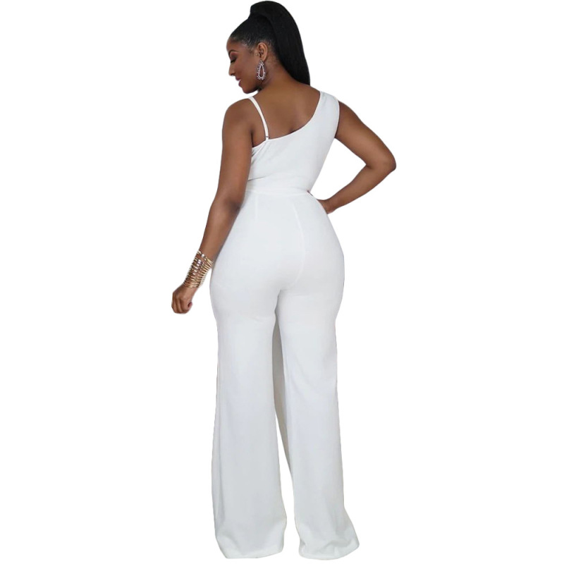 Women Solid Color V-Neck Sleeveless Waist Slim Fashion Jumpsuit