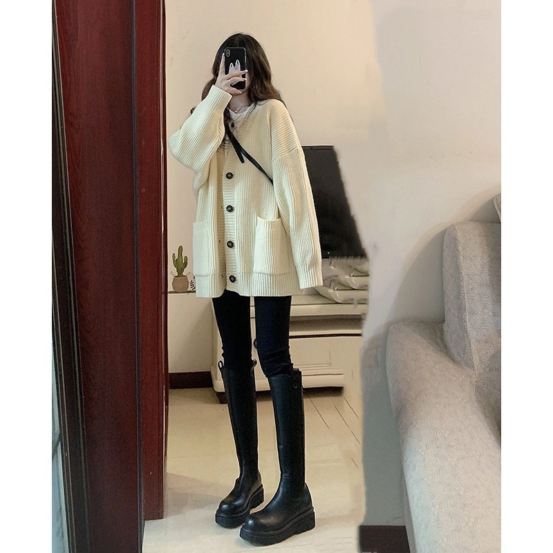 Women Fashion Simple Lazy Style V-Neck Cardigan Sweater Knitted Jacket