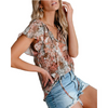 Women Fashion Summer Casual Floral Print V-Neck Short-Sleeved Blouse