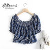 Women'S Fashion Boat Neck Embroidered Thin Breathe Cropped Denim Top