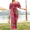 Women Fashion Vacation Leaf Printed Off-Shoulder Ruffles Holiday Defined Waist Fashion Casual Wide-Leg Jumpsuit