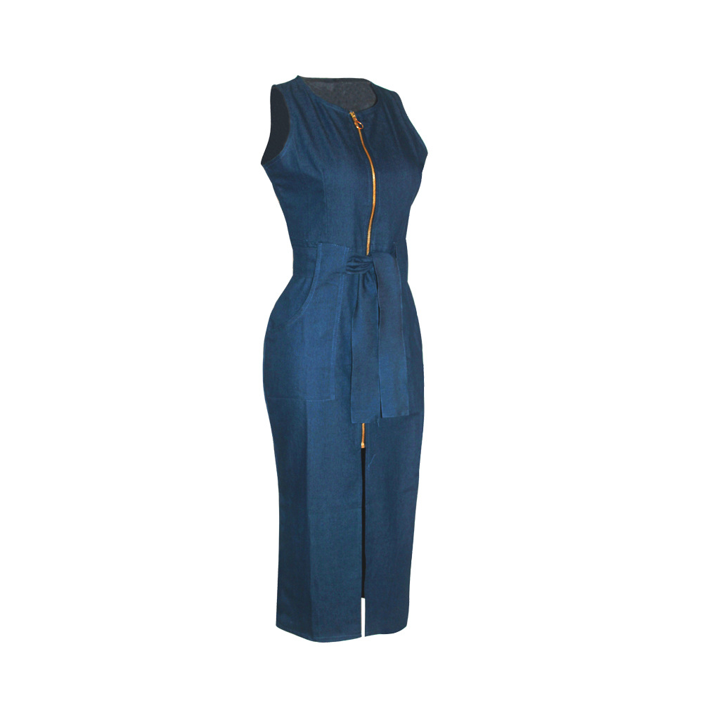 Women Casual Sleeveless Front Zipper Split Denim Midi Dress