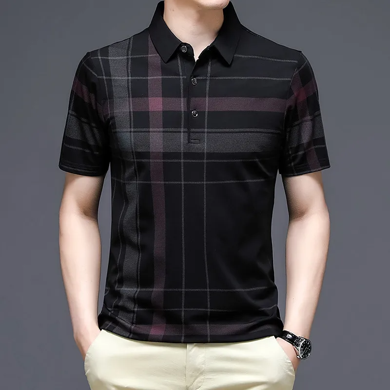 Men Fashion Casual Striped Plaid Print Lapel Short-Sleeved Loose Polo Shirt