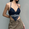 Women'S Fashion Sexy Metal Ring Halter Neck Deep V Irregular Denim Top