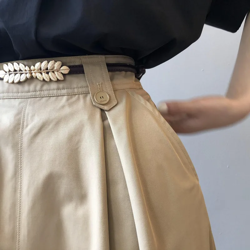 Women Fashion Gold Alloy Leaf Pair Buckle Brown Belt