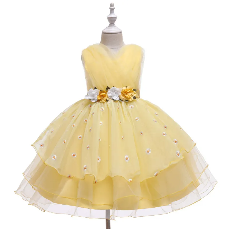 Kids Toddler Big Girls Fashion Party Cute Sweet Floral Solid Color Pleated Sleeveless Mesh Party Tutu Dress